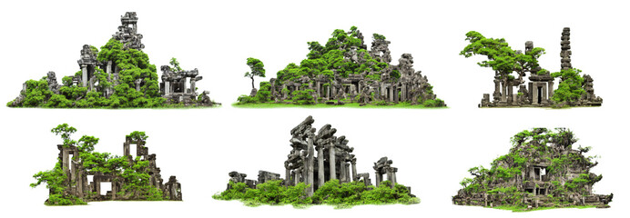 ancient temple ruin, collection of overgrown historical buildings, isolated on white background