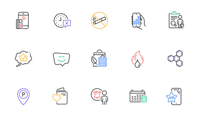 Bio shopping, Inspect and No smoking line icons for website, printing. Collection of Contactless payment, Calendar, Smile face icons. Chemical formula, Flammable fuel, Parking web elements. Vector