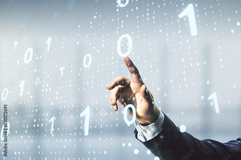 Aufkleber male hand working with abstract virtual binary code sketch on blurred office background, hacking and