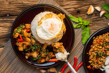 Thai street food spicy (kao pad kapao khaidao) 