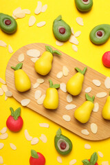 Concept of tasty sweet food, marzipan, top view