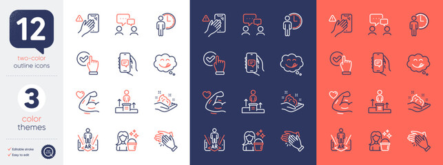 Set of Skin care, Business podium and Cleaning line icons. Include Clapping hands, Checkbox, Waiting icons. Strong arm, Yummy smile, Chat app web elements. People chatting, Dont touch. Vector
