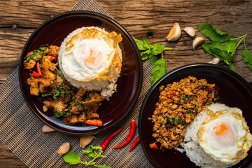 Thai street food spicy (kao pad kapao khaidao) 