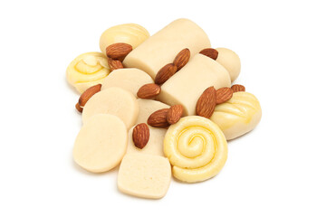 Concept of tasty sweet food, marzipan, isolated on white background