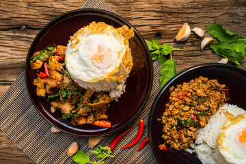 Thai street food spicy (kao pad kapao khaidao) 
