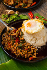 Thai street food spicy (kao pad kapao khaidao) 