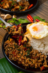 Thai street food spicy (kao pad kapao khaidao) 