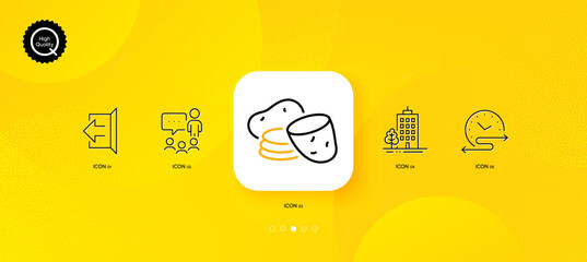 People chatting, Skyscraper buildings and Potato minimal line icons. Yellow abstract background. Time schedule, Sign out icons. For web, application, printing. Vector