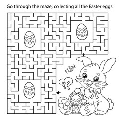 Maze or Labyrinth Game. Puzzle. Coloring Page Outline Of cartoon cute Easter bunny with eggs and sweets. Coloring Book for kids.