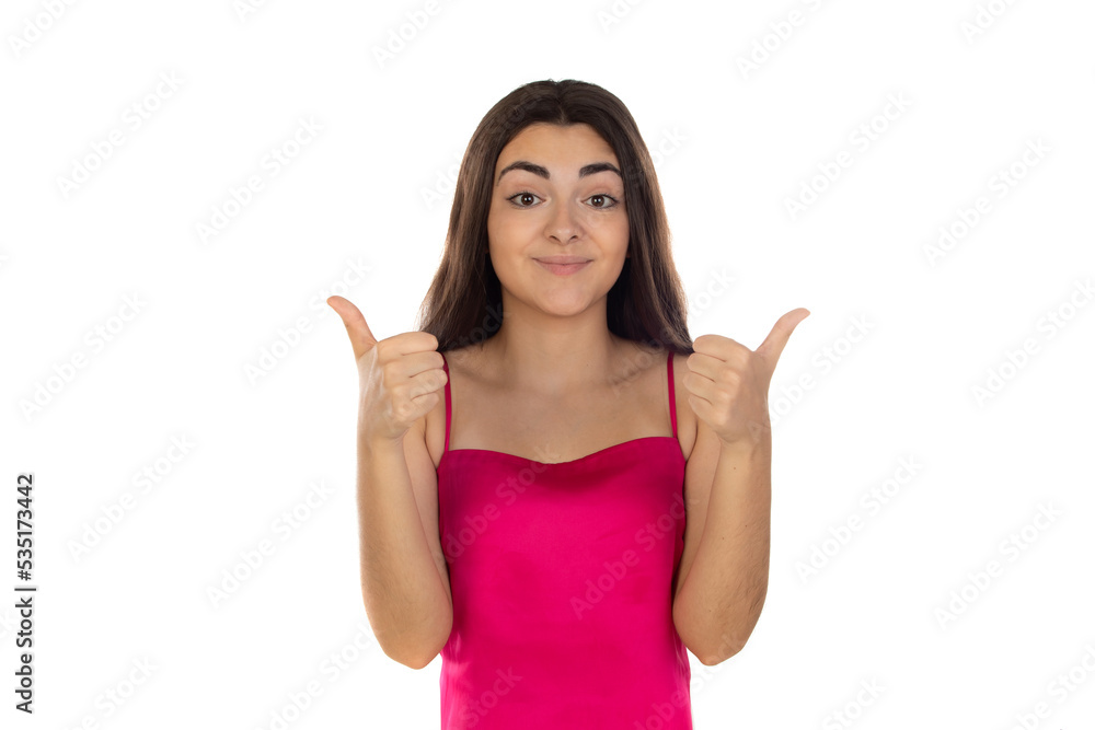 Canvas Prints Portrait of teen girl making Ok Gesture, isolated on white background.