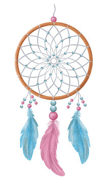 Watercolor dream catcher with beads and feathers