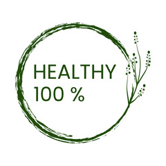 Sticker 100% healthy, healthy food, sticker and icon for food and drinks, packaging
