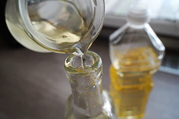 Sunflower oil in a plastic bottle in the kitchen