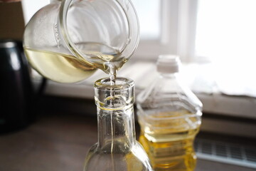 Sunflower oil in a plastic bottle in the kitchen