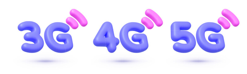 Realistic 3g, 4g, 5g 3d icons for mobile app design. Internet network. Cyberspace concept smartphone network icons for website. Computer 3d vector. Isolated vector illustration