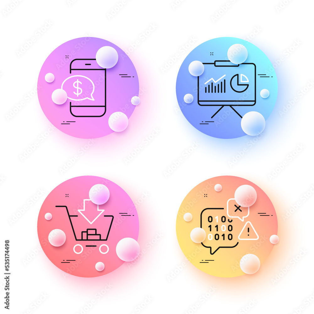 Poster binary code, presentation and phone payment minimal line icons. 3d spheres or balls buttons. shoppin