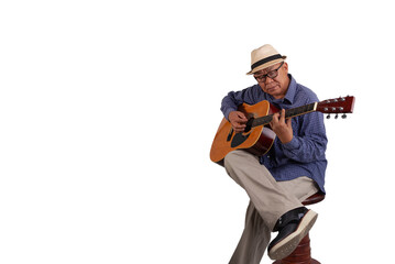asian old man relaxing with play guitar
