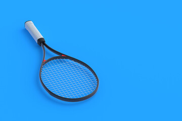 Tennis racquet on blue background. Sports equipments. International tournament. Game for laisure. Favorite hobby. Copy space. 3d render - obrazy, fototapety, plakaty