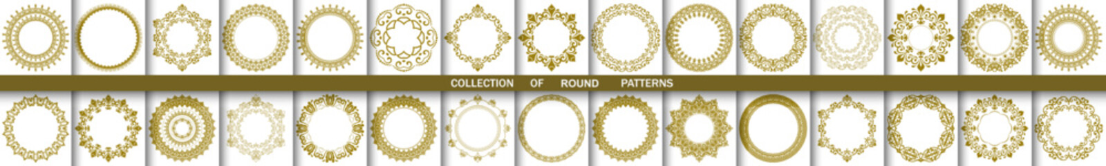 Vintage set of vector round elements. Different golden and white elements for design frames, cards, backgrounds and monograms. Classic patterns. Set of vintage patterns - 535174452