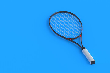 Tennis racquet on blue background. Sports equipments. International tournament. Game for laisure. Favorite hobby. Copy space. 3d render