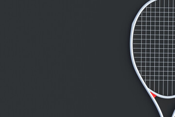 White tennis racquet on black background. Sports equipments. International tournament. Game for laisure. Favorite hobby. Top view. Copy space. 3d render