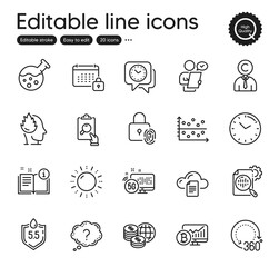 Set of Science outline icons. Contains icons as World money, Seo stats and Customer survey elements. Question mark, Bitcoin chart, Ph neutral web signs. Manual, File storage, Stress elements. Vector