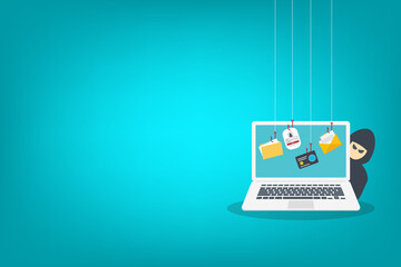 Hacker with laptop computer stealing confidential data, personal information and credit card detail. Hacking concept.	