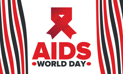 World Aids Day. Red ribbon symbol. Awareness and prevention hiv. Medical healthcare concept. Human support and protection. Celebrated annual in December 1. Poster, banner and background. Vector