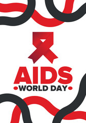 Fototapeta na wymiar World Aids Day. Red ribbon symbol. Awareness and prevention hiv. Medical healthcare concept. Human support and protection. Celebrated annual in December 1. Poster, banner and background. Vector
