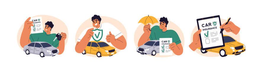 Car insurance coverage concept. Driver and paper document for insured auto vehicle. Automobile protection, security, safety set. Flat graphic vector illustrations isolated on white background © Good Studio