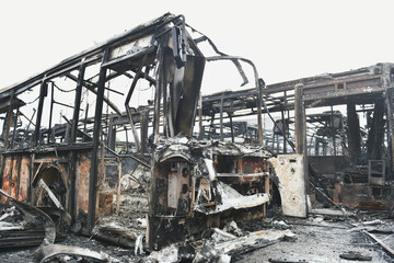 Burnt buses after a missile attack on the city of Dnipro, Ukraine.