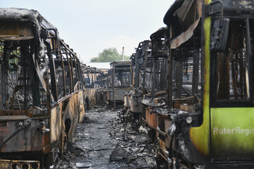 Burnt buses after a missile attack on the city of Dnipro, Ukraine.