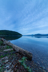 空に雲の広がる夜明けの湖畔の流木。北海道の屈斜路湖。