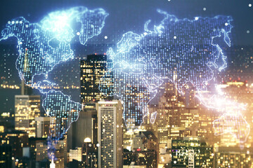 Double exposure of abstract digital world map hologram on San Francisco office buildings background, big data and blockchain concept