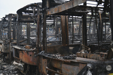 Burnt buses after a missile attack on the city of Dnipro, Ukraine.