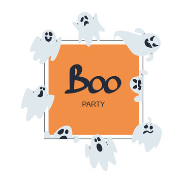 Ghosts fly around the orange square. Halloween theme. Boo party text. Flat vector illustration, eps10