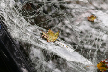 Broken windshield of a passenger bus after a rocket attack in the city of Dnipro, Ukraine.