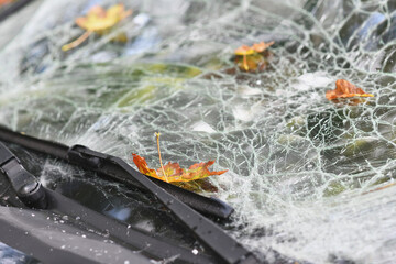 Broken windshield of a passenger bus after a rocket attack in the city of Dnipro, Ukraine.
