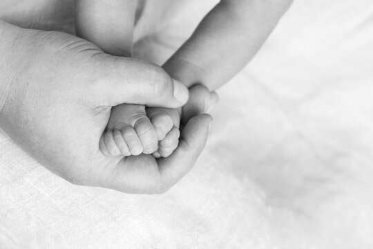  Newborn baby feet in father hands. Father holding legs of the kid in hands. Close up image.  Beautiful conceptual image of parenthood