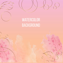Vector banner with golden circle frames, leaves and pink watercolor spot. Template for social networks, design wallpaper. Postcard design place for text.