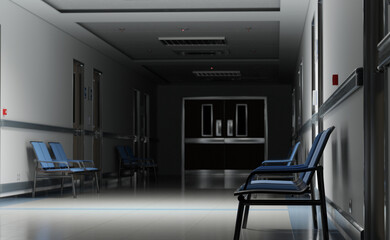 Long dark hospital corridor with rooms and seats 3D rendering. Empty accident and emergency interior with bright lights lighting the hall from the ceiling