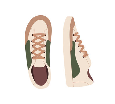 Sport shoes pair. Fashion modern casual sneakers top and side view. Comfy footwear. Comfortable trainers, foot wearing. Laced footgear. Flat vector illustration isolated on white background