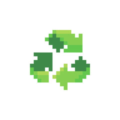 Obraz premium Recycling symbol pixel art icon, design for stickers, logo, mobile app, badges and patches, 8-bit sprite. Isolated vector illustration.
