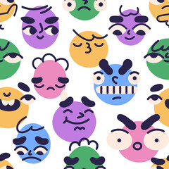 Seamless pattern with face avatars, emojis with different expressions, emotions. Background with funny good and bad characters, emoticons, repeating print. Colored flat vector illustration for fabric
