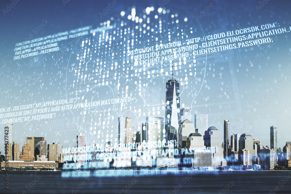 Poster abstract virtual code skull illustration on new york city skyline background. hacking and phishing c