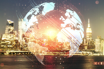 Double exposure of abstract digital world map hologram on New York city office buildings background, big data and blockchain concept