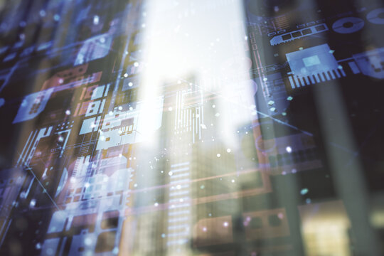 Abstract virtual coding illustration on modern architecture background, software development concept. Multiexposure