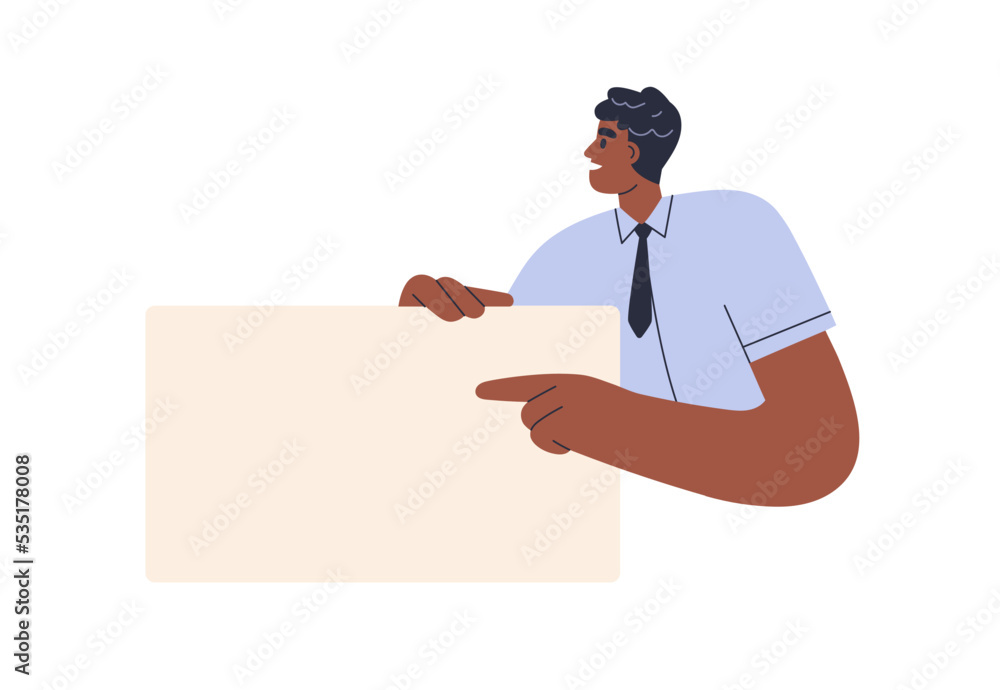 Poster employee presenting blank paper sheet. office worker, black man holding, advertising on empty banner