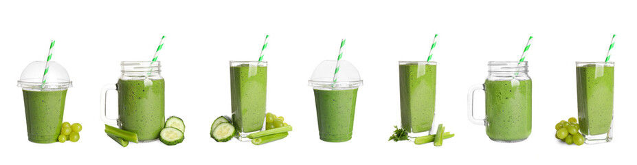 Set with different tasty smoothies on white background. Banner design