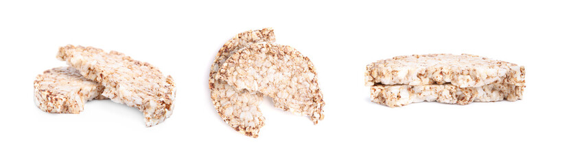 Set with tasty crunchy puffed cakes on white background. Banner design
